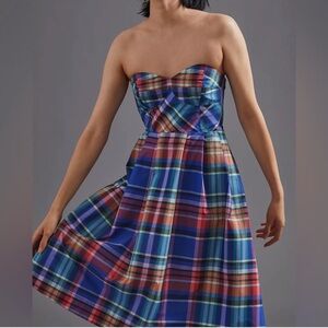Maeve Strapless Plaid Dress - Blue and Red